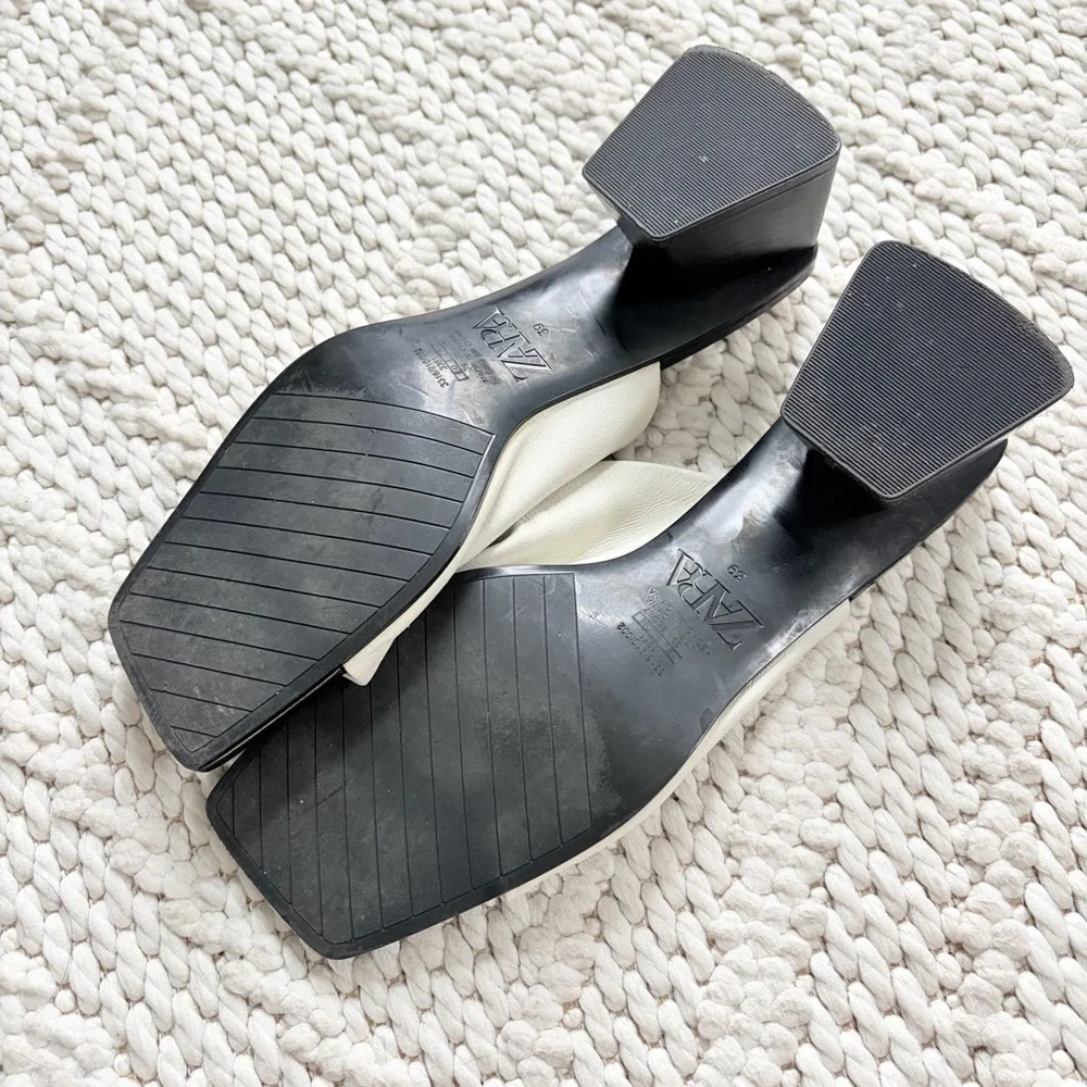 ZARA Cream Ivory White Leather Block Heel Sandals Womens 39 9 EUC - Picture 4 of 7